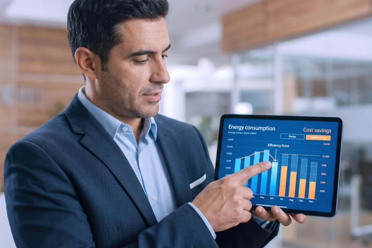 CEO analiza en tablet unas gráficas que representan el ahorro en horarios de luz barata.
