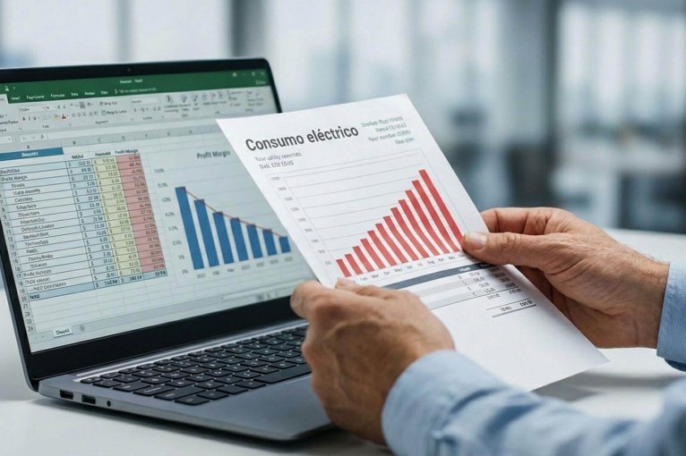 Una persona sostiene un informe impreso titulado "Consumo eléctrico" frente a una computadora portátil con hojas de cálculo, analizando la relación entre el gasto de energía y rentabilidad en empresas.