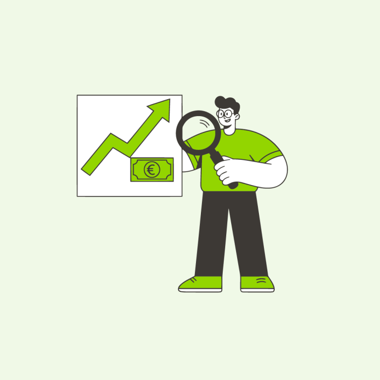 Ilustración de una persona analizando un gráfico financiero en ascenso con una lupa, representando el ahorro y el crecimiento económico