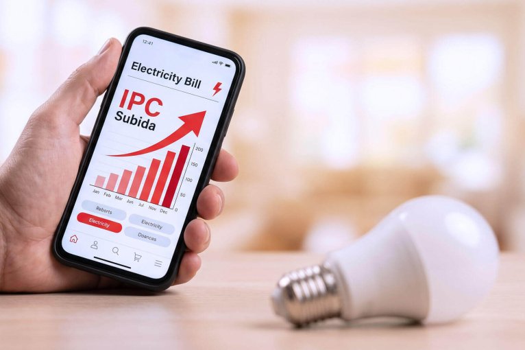 Una mano sostiene un smartphone mostrando una gráfica de barras rojas y una flecha ascendente con el texto "IPC Subida" en la pantalla de una "Electricity Bill", ilustrando el impacto económico de la subida del IPC en el contrato de luz.