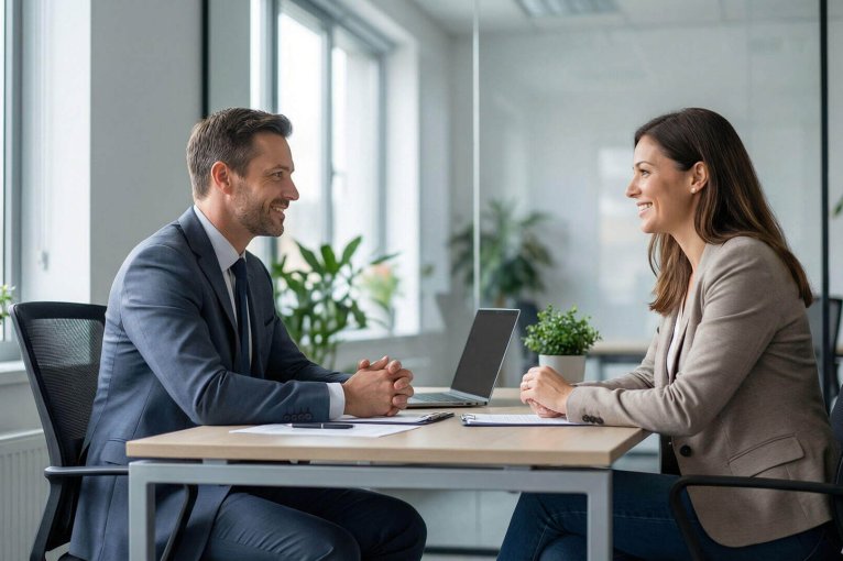 Agente de atención al cliente de luz manteniendo una entrevista cordial con una usuaria en una oficina iluminada con plantas.