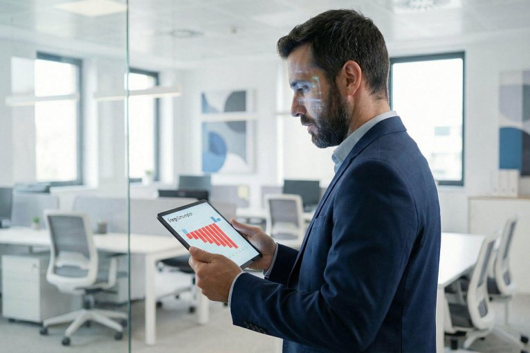 Un profesional analiza un gráfico impreso de consumo eléctrico frente a una hoja de cálculo, realizando una auditoría para reducir la facturación pymes luz.