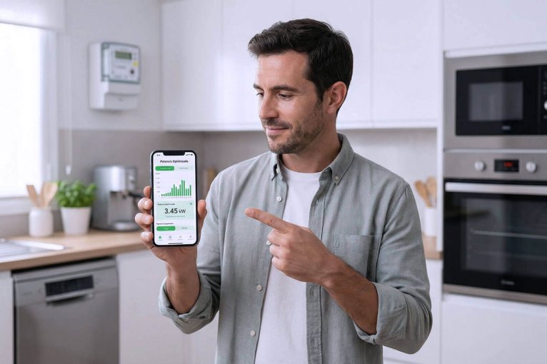 Un hombre en una cocina muestra en su teléfono móvil una aplicación para calcular la potencia de luz de su casa, indicando una potencia optimizada de 3,45 kW con gráficas de consumo.