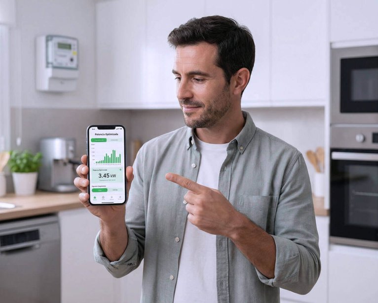 Un hombre en una cocina muestra en su teléfono móvil una aplicación para calcular la potencia de luz de su casa, indicando una potencia optimizada de 3,45 kW con gráficas de consumo.