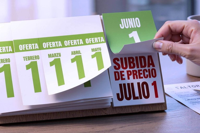 Mano levantando la hoja de un calendario donde se ven ofertas de luz en meses anteriores que ocultan un aviso de subida de precio para el 1 de julio, ejemplificando una oferta de luz con trampa.