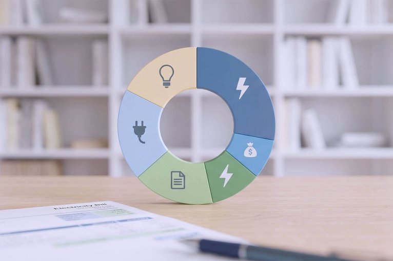 Gráfico circular de madera con iconos energéticos sobre una mesa, representando las distintas partes que componen una factura de la luz.