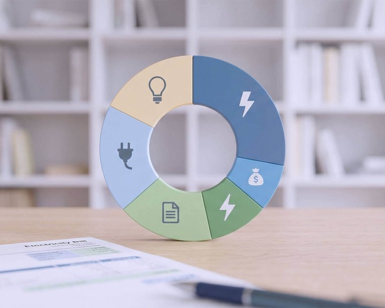 Gráfico circular de madera con iconos energéticos sobre una mesa, representando las distintas partes que componen una factura de la luz.