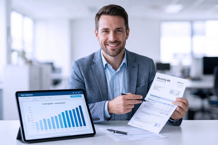 Un asesor energético sonriente muestra una factura de luz junto a una tablet con un gráfico comparativo de consumo en una oficina.