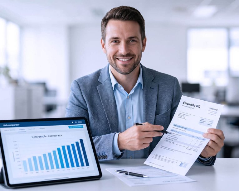 Un asesor energético sonriente muestra una factura de luz junto a una tablet con un gráfico comparativo de consumo en una oficina.