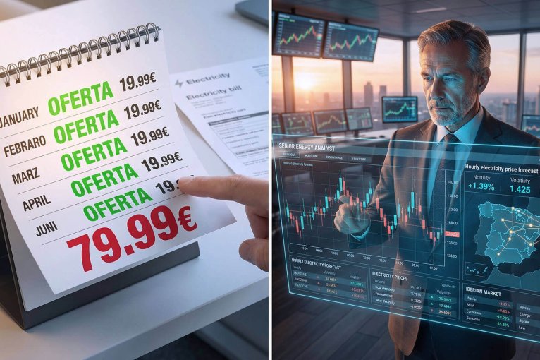 Imagen compuesta que muestra a la izquierda un calendario con ofertas de luz que suben de precio drásticamente y, a la derecha, un analista senior supervisando gráficas en tiempo real sobre el precio pool eléctrico hoy.