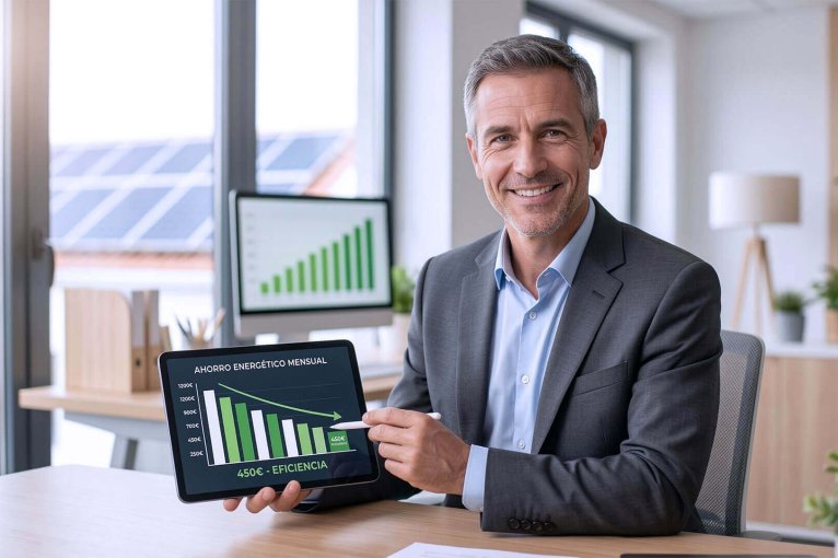 Consultor energético mostrando una tablet con una gráfica de ahorro mensual de 450 euros por eficiencia, ilustrando cómo ahorrar luz en casos reales.