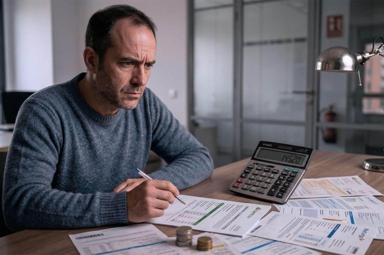 Texto alternativo: Un hombre con expresión de preocupación analiza varias facturas eléctricas y documentos sobre un escritorio con una calculadora, representando la evaluación de riesgos al cambiar de compañía de luz.