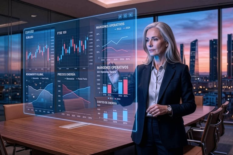 Una analista senior en una sala de juntas frente a una pantalla holográfica que muestra gráficos de márgenes operativos y precios de energía, ilustrando el análisis de qué es el tope del gas y su impacto en los costes.