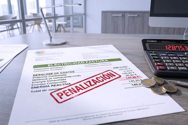 Una factura de electricidad sobre un escritorio con un sello rojo de "PENALIZACIÓN" sobre el concepto de energía reactiva, junto a una calculadora y monedas, ilustrando la necesidad de eliminar energía reactiva para ahorrar.