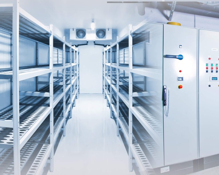Refrigeration chamber for food storage. Control panels of the refrigerator. Concept - sale of freezing equipment. Equipment for food storage. Cooling. Industrial cold store with empty counters