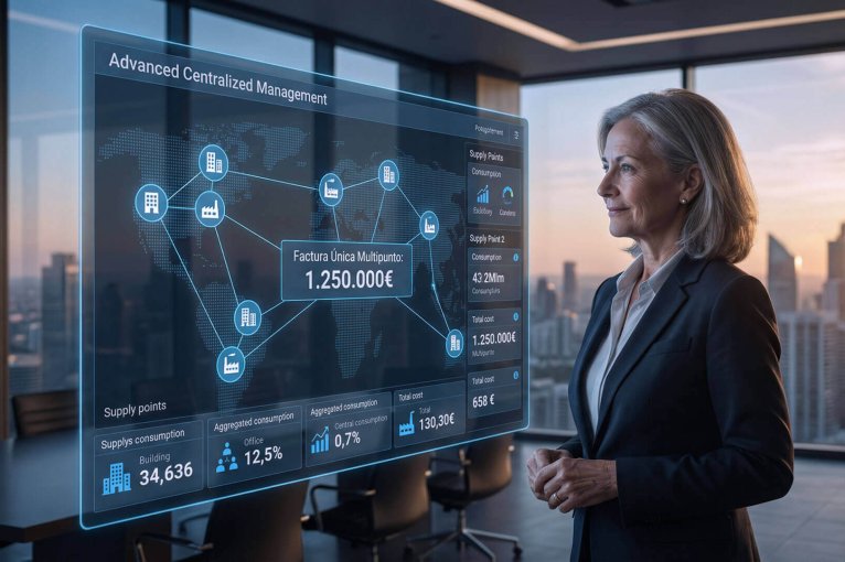 Directora de operaciones visualizando una pantalla holográfica con un mapa de sedes conectadas y el resumen de una facturación multipunto de luz por valor de 1.250.000€ en una oficina con vistas a la ciudad.