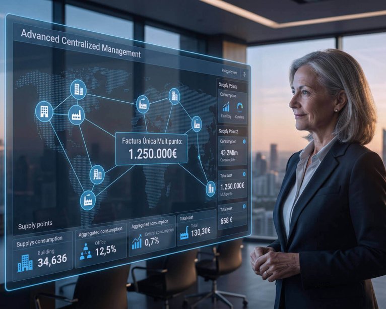 Directora de operaciones visualizando una pantalla holográfica con un mapa de sedes conectadas y el resumen de una facturación multipunto de luz por valor de 1.250.000€ en una oficina con vistas a la ciudad.