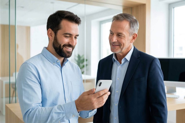 Dos hombres sonriendo mientras revisan su factura de la luz en el móvil, representando lo fácil que es ahorrar en el hogar