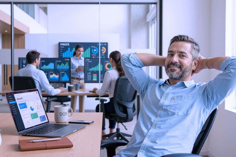 Un profesional sonriente descansando en su oficina mientras sus compañeros analizan paneles de datos energéticos en pantallas, representando el control que ofrece un gestor de facturas de luz para empresas.