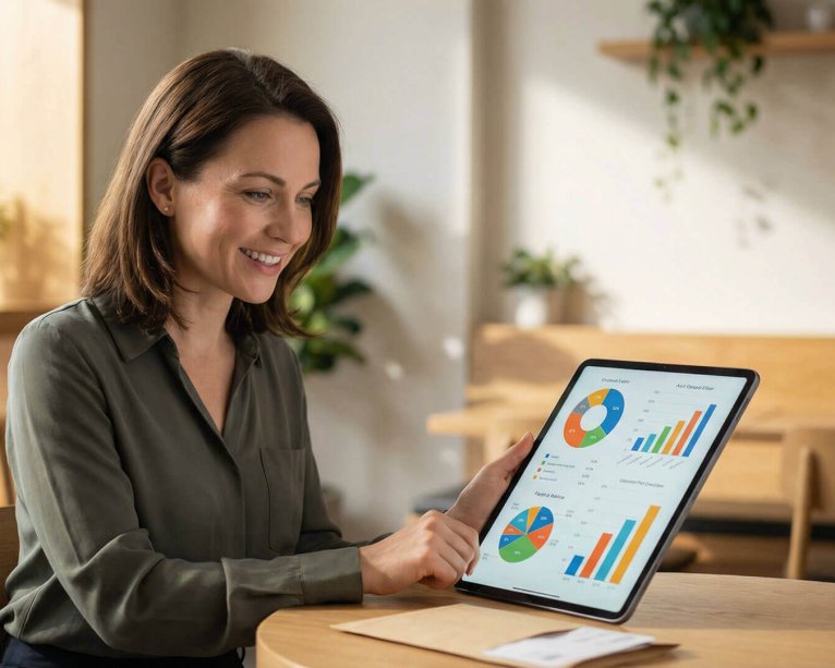 Mujer sonriente en una cafetería revisando gráficos comparativos de consumo de energía en una tablet para entender cómo funciona la factura de la luz.