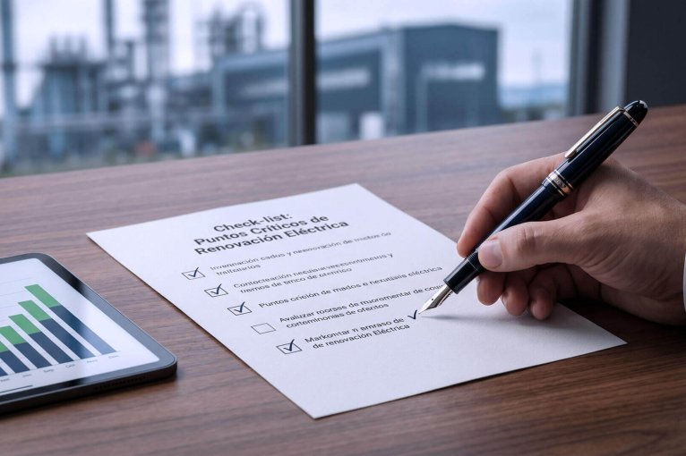 Primer plano de una mano firmando una lista de verificación titulada "Check-list: Puntos Críticos de Renovación Eléctrica" con una pluma estilográfica sobre un escritorio de madera, junto a una tableta que muestra gráficas de ahorro de costes, ideal para negociar la renovación del contrato de luz.