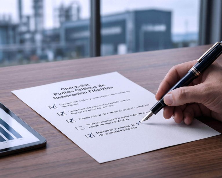 Primer plano de una mano firmando una lista de verificación titulada "Check-list: Puntos Críticos de Renovación Eléctrica" con una pluma estilográfica sobre un escritorio de madera, junto a una tableta que muestra gráficas de ahorro de costes, ideal para negociar la renovación del contrato de luz.