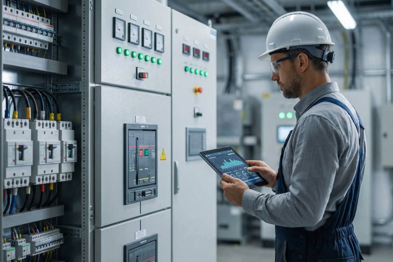 Técnico electricista revisando un cuadro eléctrico industrial con una tablet para optimizar la potencia contratada de una empresa.
