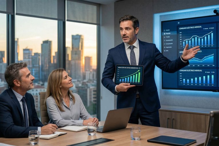 Un ejecutivo realiza una presentación en una sala de juntas mostrando una gráfica de reducción de costes en una tablet y una pantalla grande, explicando los beneficios de optar por contratos de luz sin permanencia para la libertad de la empresa.