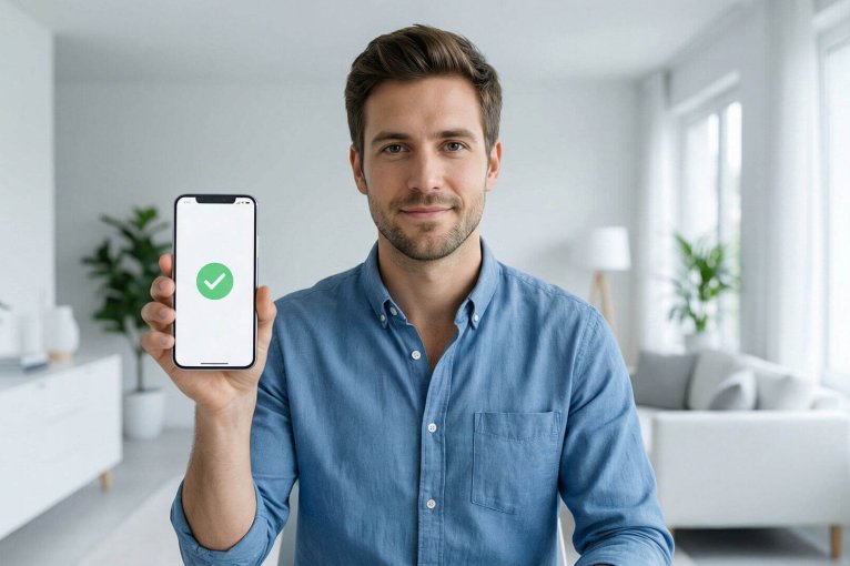 Un hombre joven sonriente en un entorno de oficina moderno muestra la pantalla de su smartphone con un icono de check verde, simbolizando el éxito al cambiar el titular de la luz y la gestión eficiente de trámites digitales.
