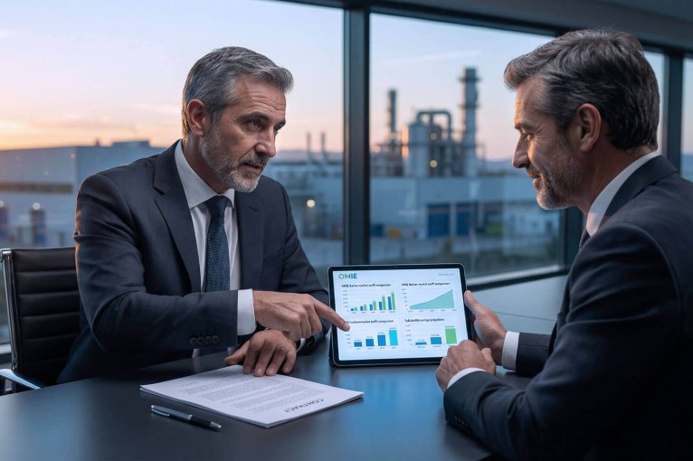 Dos empresarios en una oficina analizando gráficas de consumo eléctrico en una tablet para renegociar el contrato de luz de su empresa, con una planta industrial visible al fondo durante el atardecer.