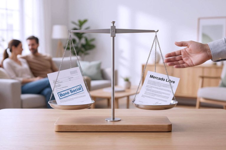 Una balanza sobre una mesa compara documentos del Bono Social y el Mercado Libre, ideal para explicar los requisitos bono social eléctrico mientras una pareja descansa al fondo.
