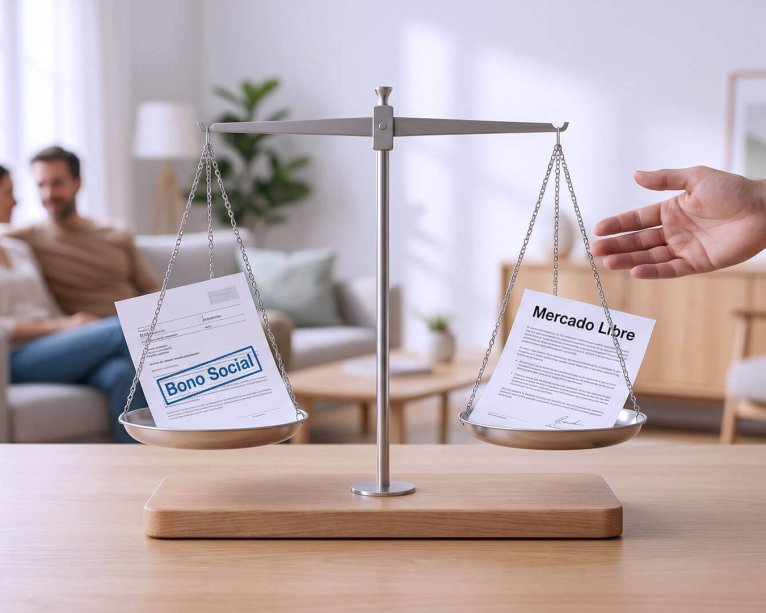 Una balanza sobre una mesa compara documentos del Bono Social y el Mercado Libre, ideal para explicar los requisitos bono social eléctrico mientras una pareja descansa al fondo.
