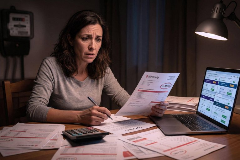 Una mujer con expresión de preocupación analiza bajo un flexo varios contratos y recibos eléctricos mientras consulta un comparador en su portátil, representando la búsqueda de respuestas ante dudas frecuentes de luz.