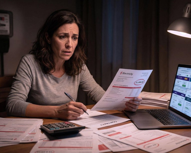 Una mujer con expresión de preocupación analiza bajo un flexo varios contratos y recibos eléctricos mientras consulta un comparador en su portátil, representando la búsqueda de respuestas ante dudas frecuentes de luz.