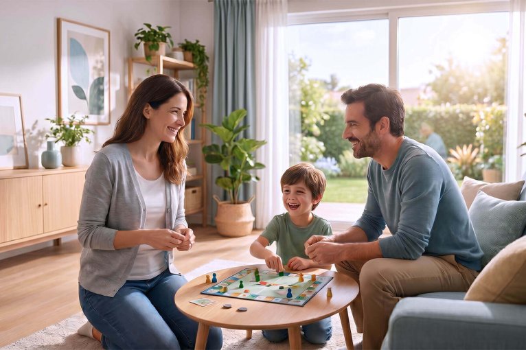 Una familia sonriente juega un juego de mesa en su salón iluminado, representando la paz mental de contar con asesores energéticos expertos para gestionar su consumo.
