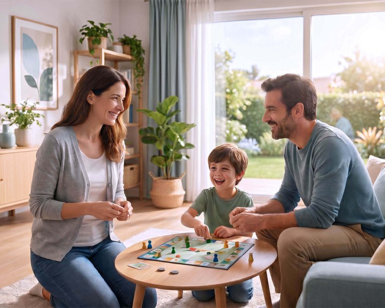 Una familia sonriente juega un juego de mesa en su salón iluminado, representando la paz mental de contar con asesores energéticos expertos para gestionar su consumo.