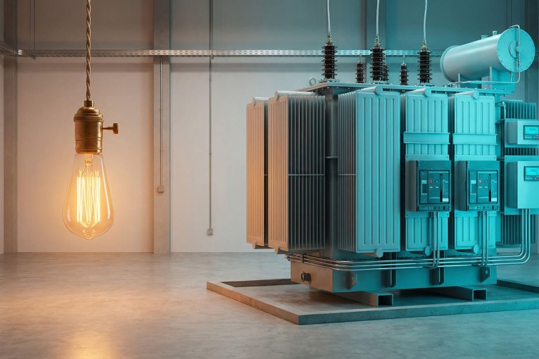 Un gran transformador eléctrico industrial en una sala técnica junto a una bombilla de filamento encendida, representando el suministro de energía para tarifas de luz de grandes cuentas.